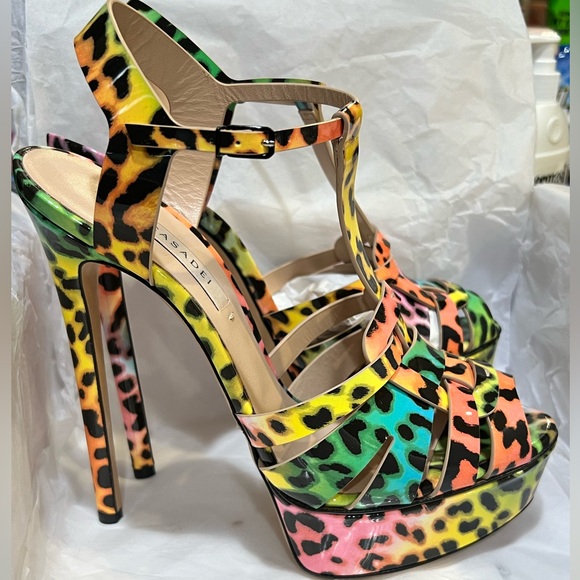 NEW CASADEI FLORA Leopard Colorful Patent Leather Platform Sandal Heels EU 38.5 - Picture 4 of 13